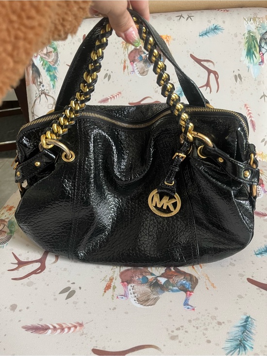 Michael Kors Handbags - Michael Kors Black Patent Shoulder Bag with Gold Chain Trim